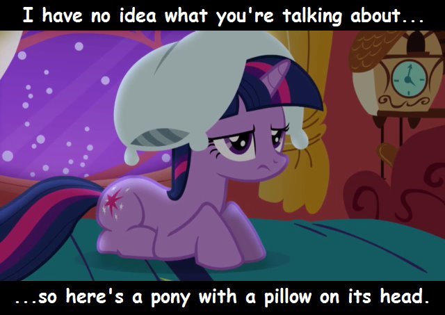 I have no idea what your talking about so heres a pony with a pillow on her head.