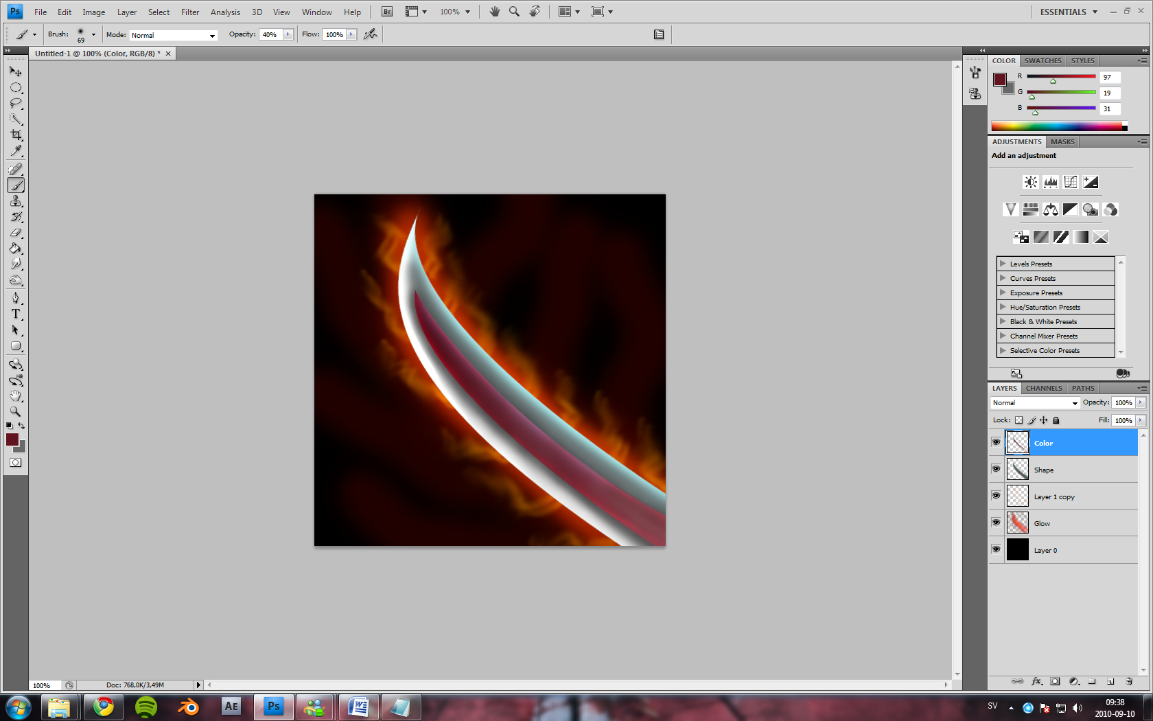 I just duplicated the "stripes" layer here, smudged around a bit. Strengthened the glow around the object. Changed the color of it, thought a fiery th