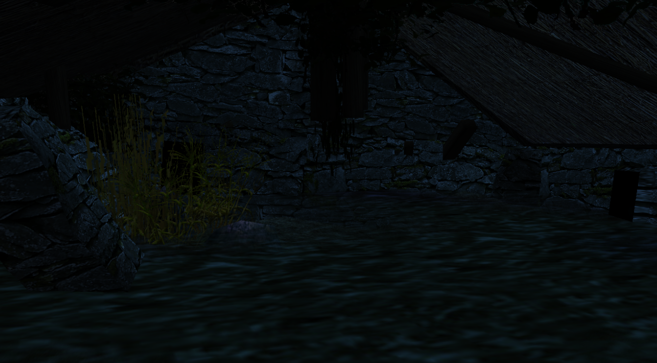 Inside a building in Driftmire that has been flooded and fallen into shambles.