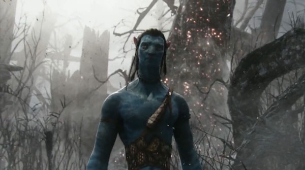 Jake Sully (the main Avatar) among the ruins of the Hometree.