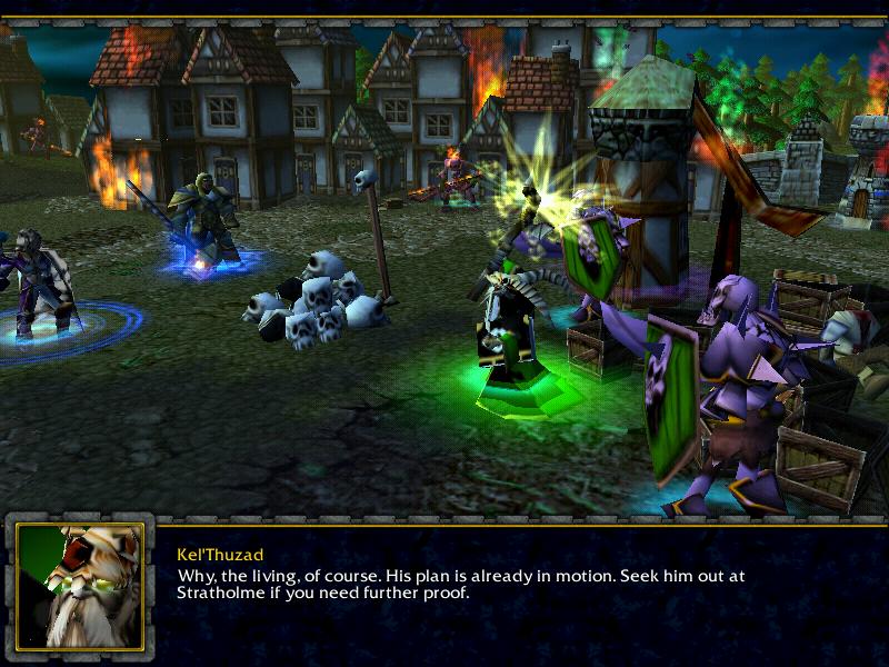 Kel'Thuzad, Prince Arthas Menethil, Kel'Thuzad, and many skeletons around them. Notice the new skins and units.