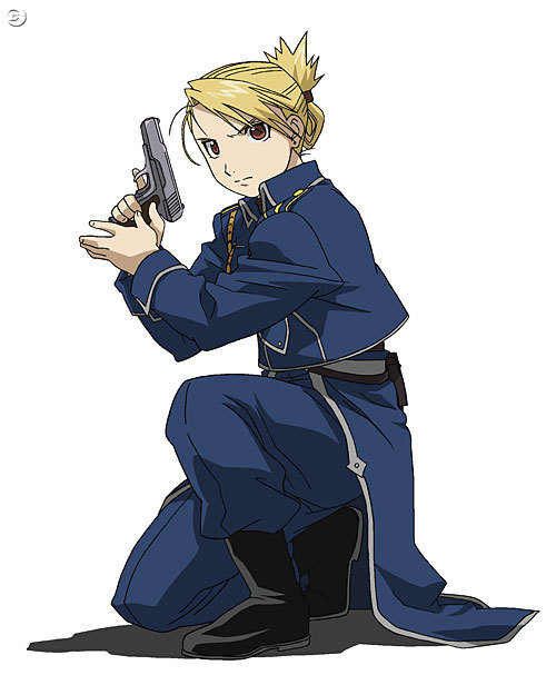 Lieutenant Riza Hawkeye.
Don't know why, she's always behind Colonel Roy Mustang...
