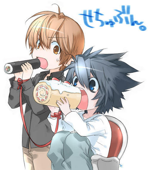 Light and L from Death Note (L loves sweets, cakes and so on.. XD)