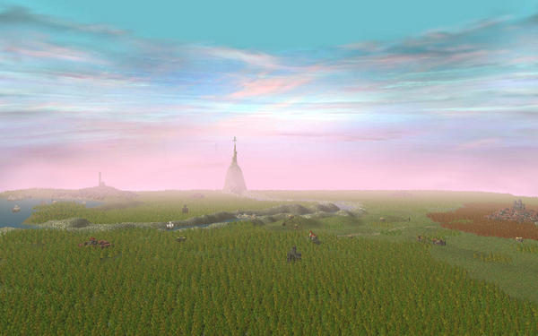 Looking over a large kingdom from above, with a huge tower in the distance.