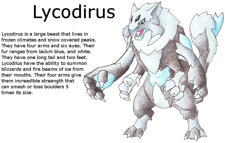 Lycodirus is a large ice creature.
"Lyco" comes from the wolf spider family "lycosidea" and "dirus" comes from the dire wolf "canis dirus", so it bas
