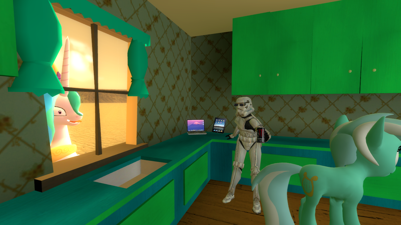 Lyra and Stormtrooper.

Also brought to you by Garry's Mod.

Yes, the Stormtrooper is wearing Sunglasses, drinking Monster and using a Mac-Book an
