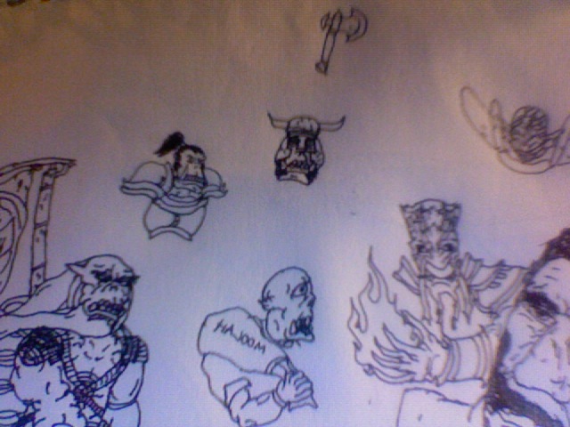 Miscellaneous pieces. Orcish Blademaster, the "Moolah" Peon, several Orc concepts, and axe, a Zealot (?) and an Eredar Sorceror. Along with a portrait
