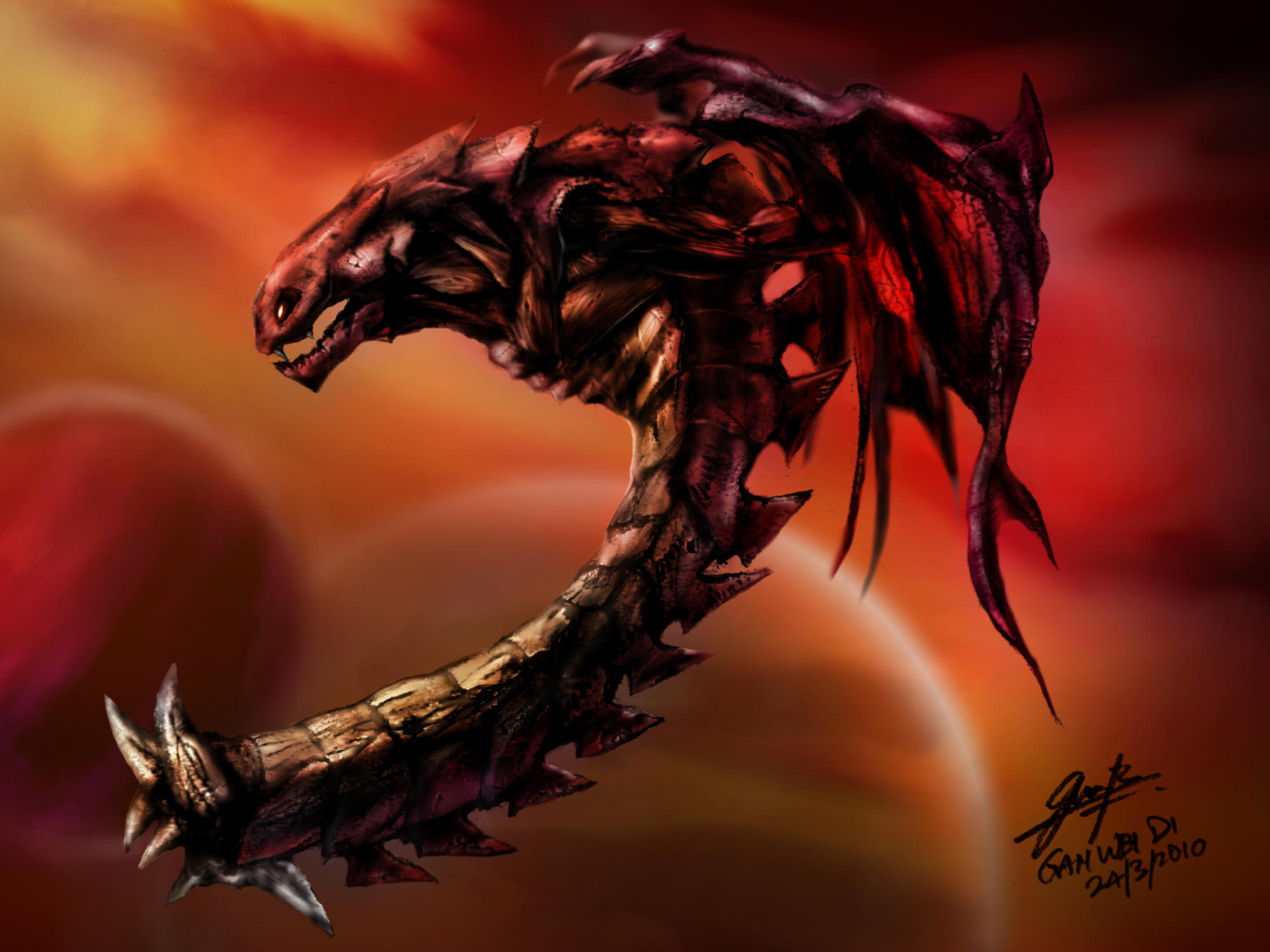Mustalisk Wallpaper

This is the finalized version of my fan art painting of Starcraft, featuring a classical Mutalisk, with an outer space backgrou