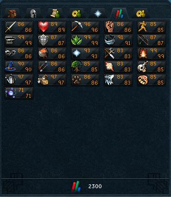 My skills overview at total level 2300 out of maximum 2595.

Less than 300 level ups remaining... It'll be done some day.