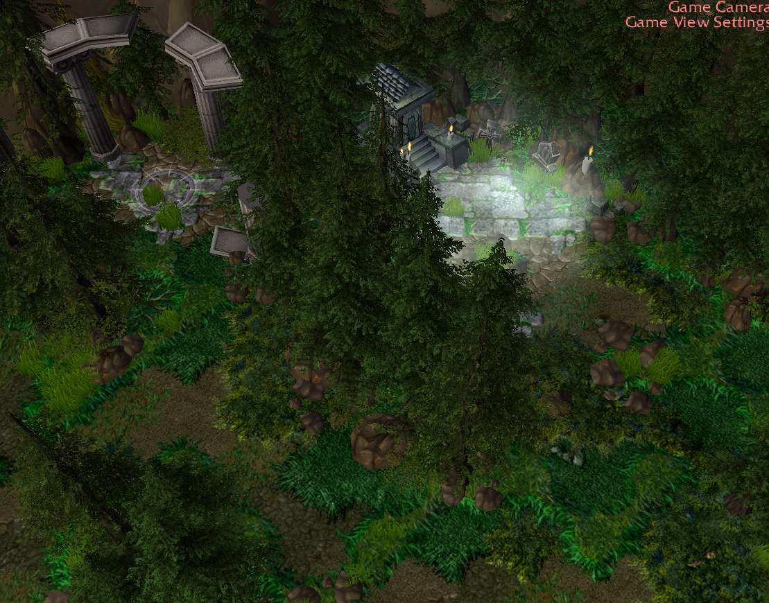 Neutral creep camp (right) and rune spawn point inside the forest (jungle). All trees in the forest block sight.