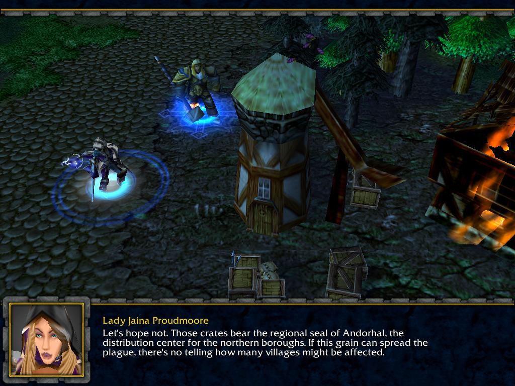 North West Brill, as it appears, during the Scourge of Lordaeron and as it was when it was under attack by the Undead Scourge. The group runs into the