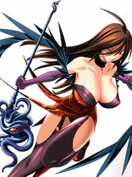 Nyx, a character from the anime series Queen's Blade.  She fights mainly using fire spells.  Weapon of choice:  a scepter-like demon named Fukinara.