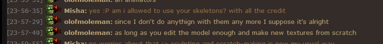 Olofmoleman's permit to use his model's skeletons for animation

this is important