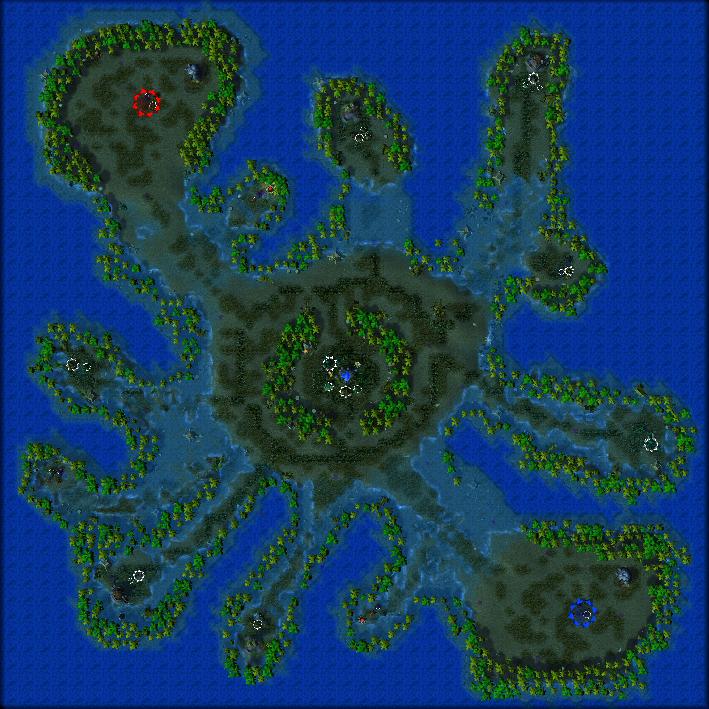 Overview of my melee map called Island of Sunkens