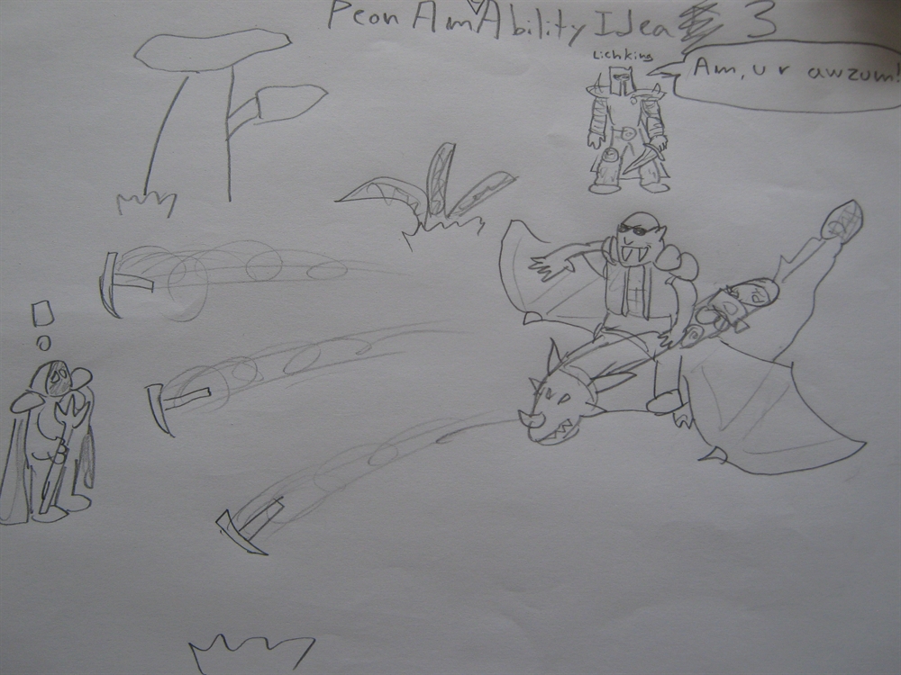 Peon Am E ability Idea 3:

This ability will make peon Amargaard throw three pickaxes forward. The pickaxes will damage enemies if hit and have a %