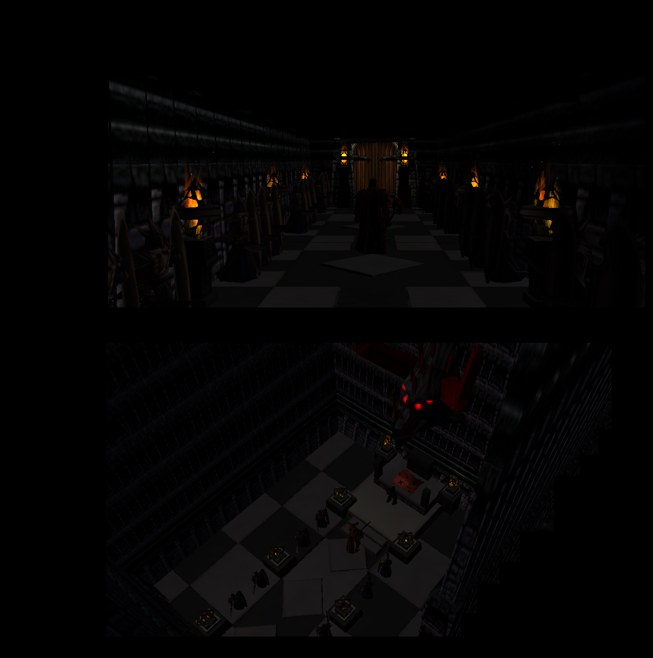 Picture 1: Deep inside the Dark Obsidian temple a tall and bulky man walked through a hallway towards a door. There were guards on each sides of the w