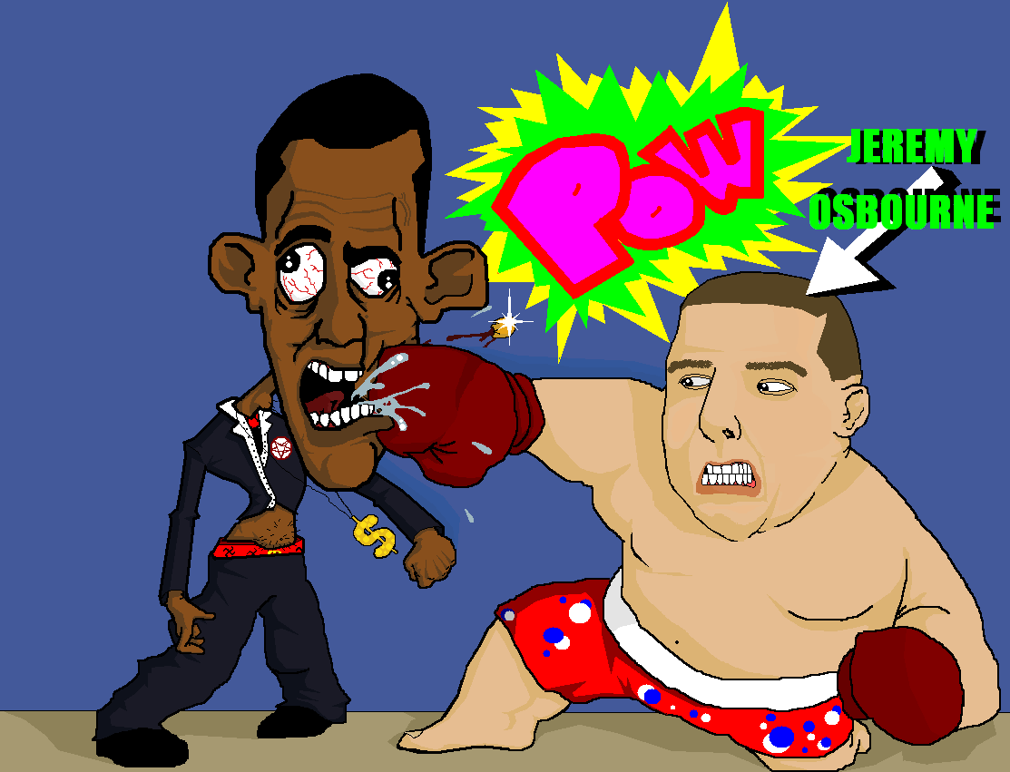 "Portrait of Jeremy Osbourne knocking our failure of a president Obama out like a champ. Obama has Nazi/Communist boxers, a pentagram on his suit, som