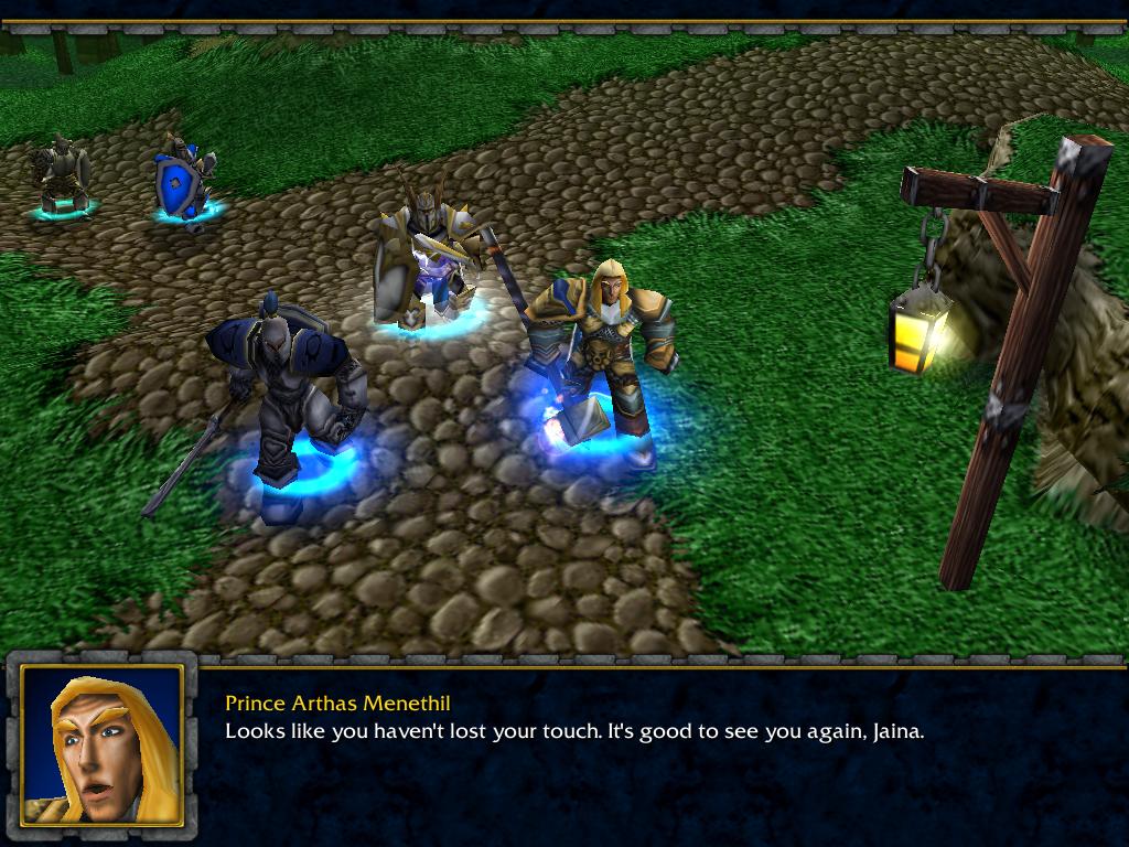 Prince Arthas Menethil, Captain Falric, Captain Marwynn as they appear with their two Alliance soldiers discussing the situation of the current Plague