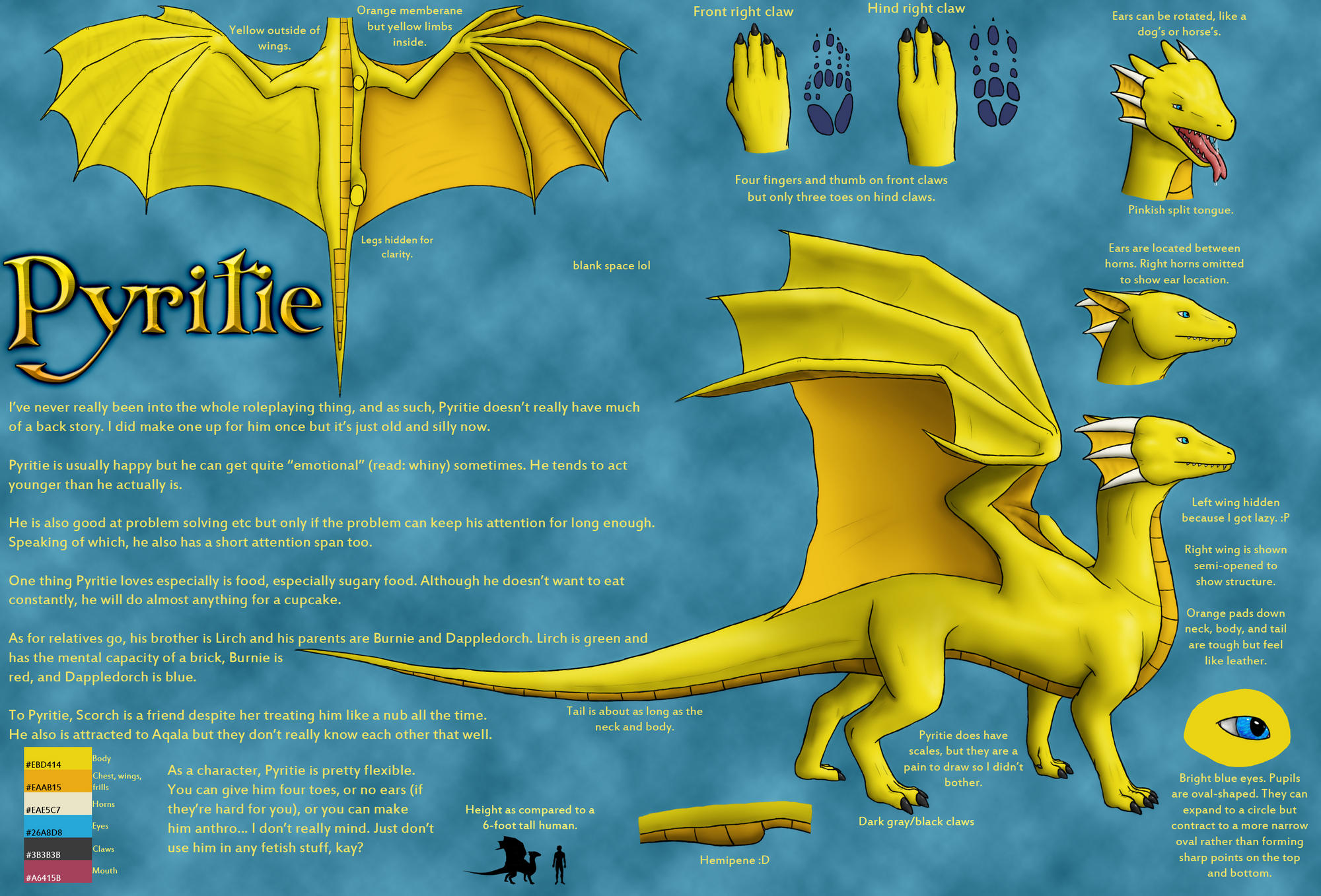 Pyritie refsheet :D

I should note that the insides of his ears are a pale pink color, not orange as this sheet says.