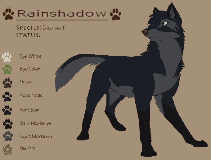 Rainshadow is a female Dire Wolf. She has a grayish black coat with a dark gray underside. She has grey markings around her eyes and pitch black legs.
