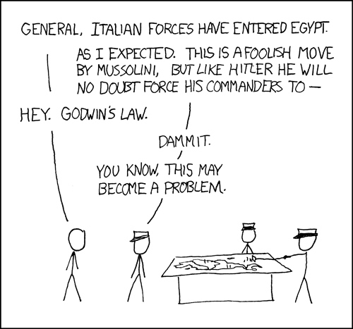 regarding mussolini

http://en.wikipedia.org/wiki/Godwin's_law
(Oh so very true...)