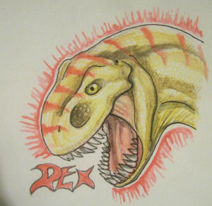 rexconbadge, A rex..raptor..err...hybrid...yeah.. Made with watercolour pencils.