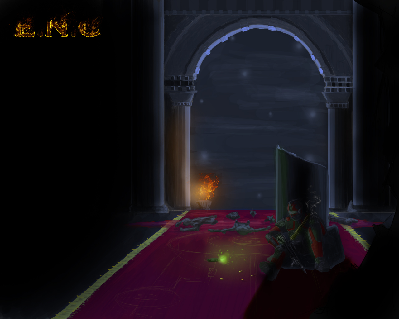 Ruined City - Concept art of Charles Heartfield after a battle in a ruined city.