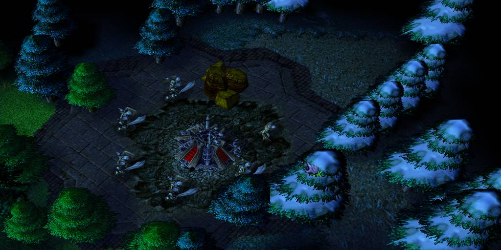 Screenshot showing how zombies start, and their 'blight' beneath them. The blight grows when new buildings are placed.