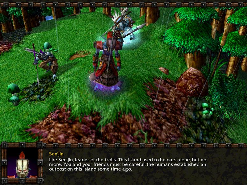 Sen'jin's new model, a new troll hero for player two behind him (Vol'jin, the Shadow Hunter), and him talking to the Orcish Horde.