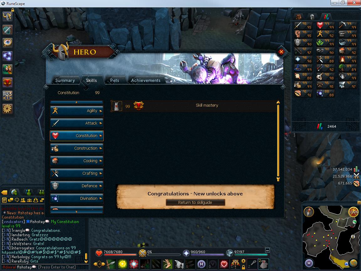 Skill mastery of Constitution, achieved on 27/2/14, along with 99 slayer.

Constitution marks the 9th skill out of 26 to have been mastered. :) 17 l