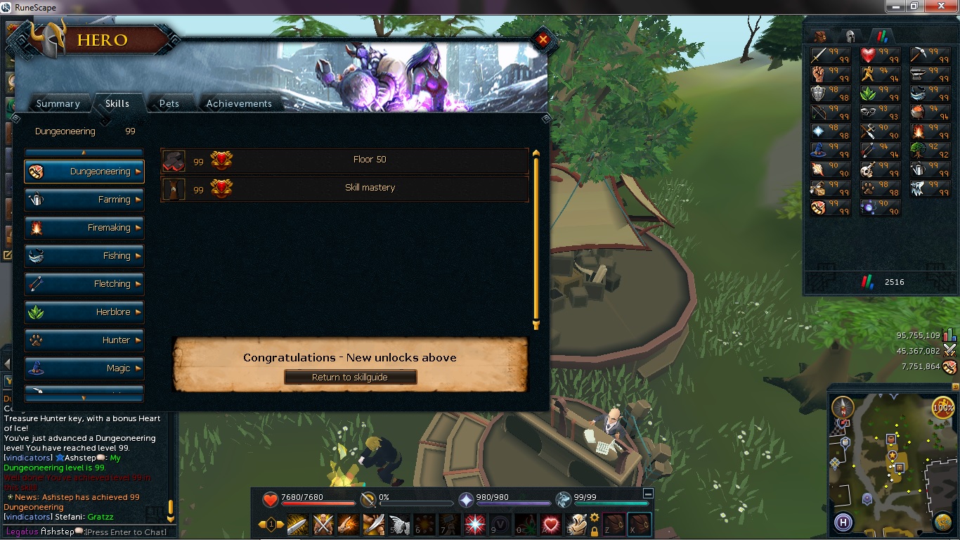 Skill mastery of Dungeoneering, achieved on 23/04/2014! :) Still 21 levels to go for TRUE skill mastery however.

For max cape though, 15 skills beh
