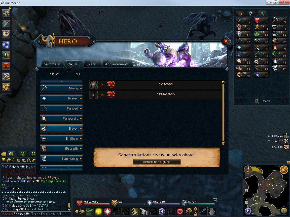 Skill mastery of Slayer, achieved on 27/2/14, along with 99 Constitution.

Slayer marks the 10th skill out of 26 to have been mastered. :) 16 left t