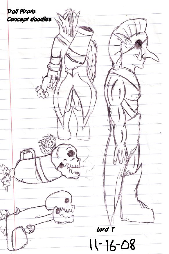 Some concept doodles of a troll pirate model I'll probably make that I did in gym class.