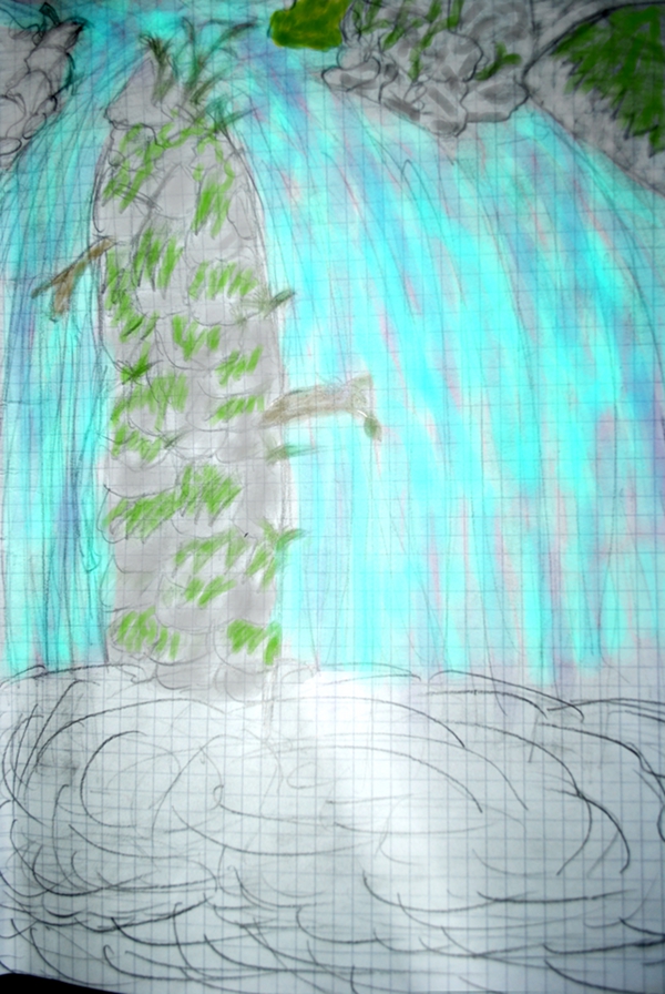 Some sketch of a waterfall, colours puted by computer.