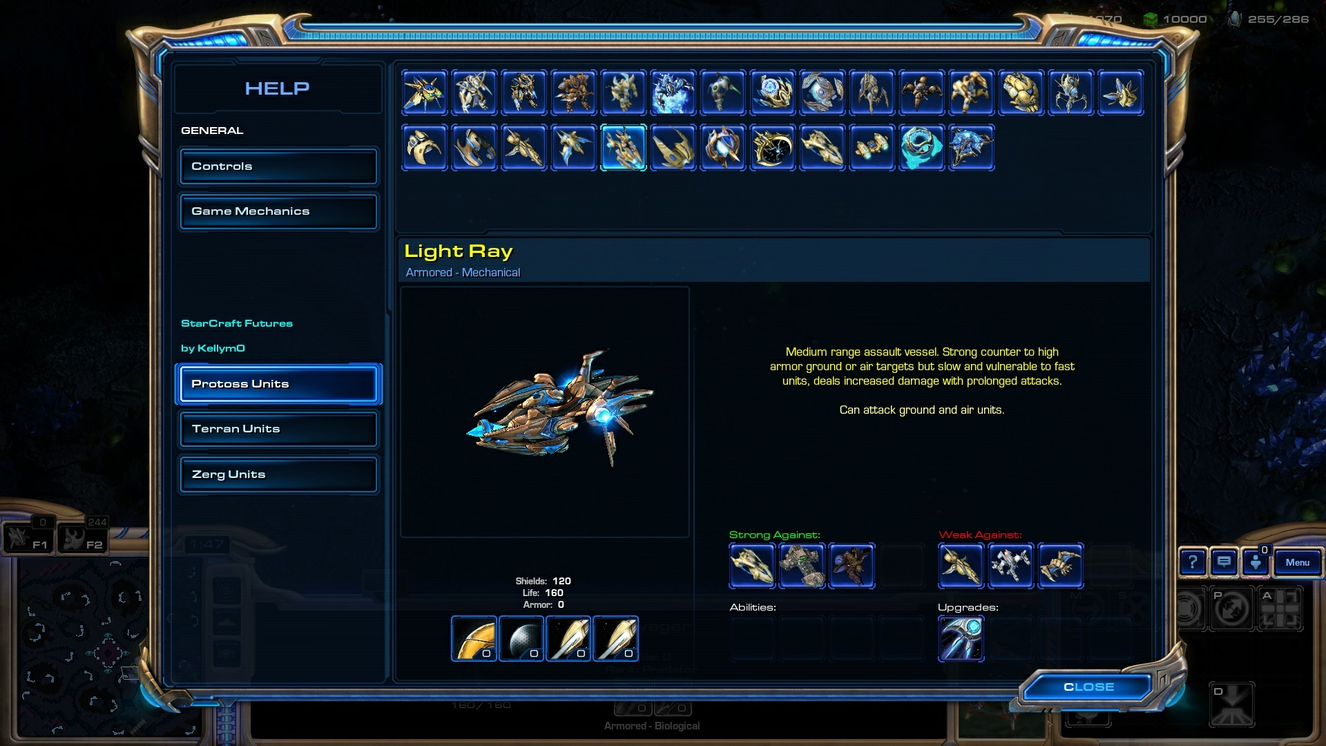Starcraft Futures protoss unit roster help menu