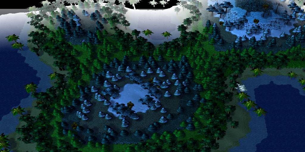 Terrain screenshot of some of the randomly generated terrain of my map Infection. The white fog and the far-Z clipping in the top of the picture does