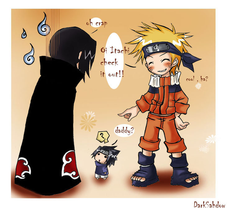 that lil' chibi (little guy >.>) is Sasuke Uchiha, that guy in black is Itashi Uchiha and that orange one is Naruto Uzumaki from anime Naruto