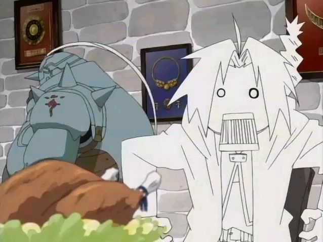 (that living armor) Alphonse and (white man) Ed from Full MEtal Alchemist xDD love Edwrad's face