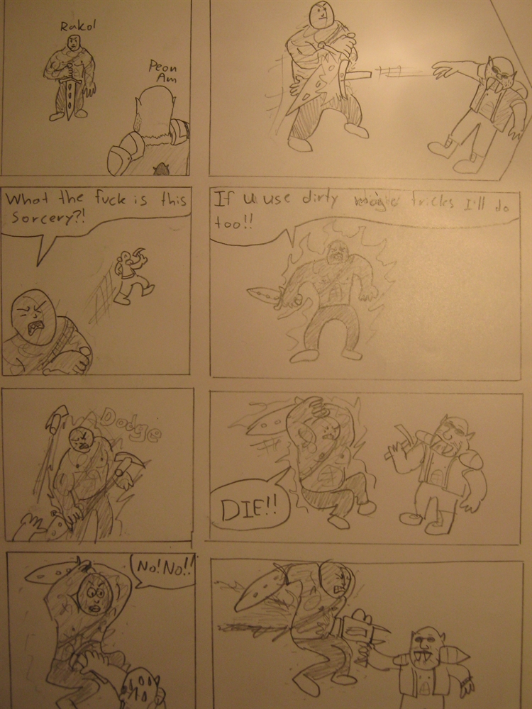 The Arena RP: Am vs Rakol

What is happening in this comic:
Pic 1 - Am and Rakol arrives in arena.
Pic 2 - Am throws a pickaxe at Rakol, but Rakol