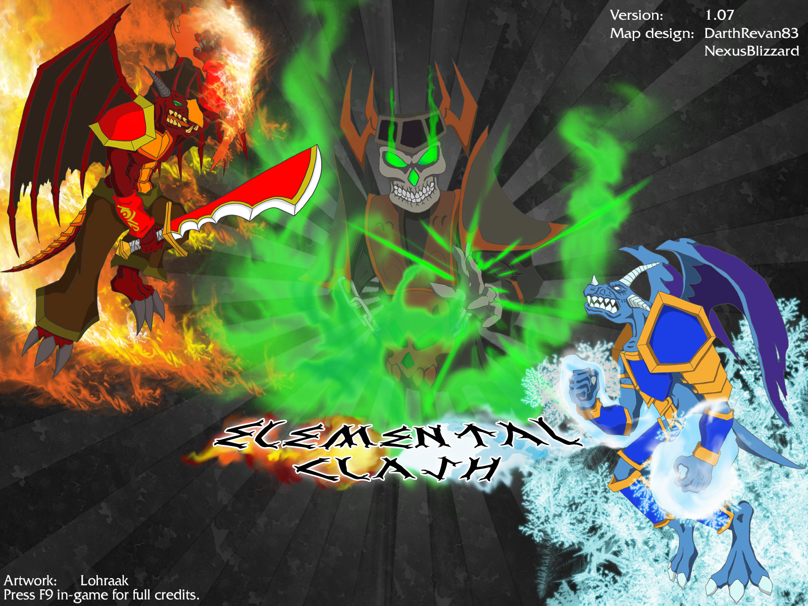 The loading screen for Elemental Clash v1.07. Lohraak drew and coloured the characters, I created the background, set them all into place, used Obsidi