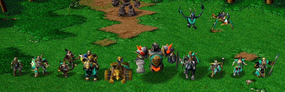 The new and improved units of the High Elves, from left to right: Worker, Swordsman, Archer (Ranger behind), Judicator, Ballista, Guardian, Skirmisher
