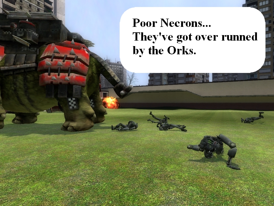 The Orks Squiggoth runned over some necrons on it's way to the battle.