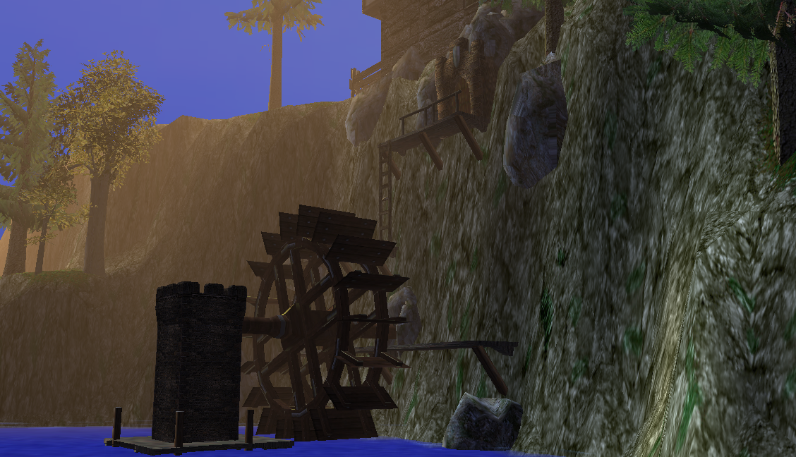 The waterwheel powers the blacksmith's forges