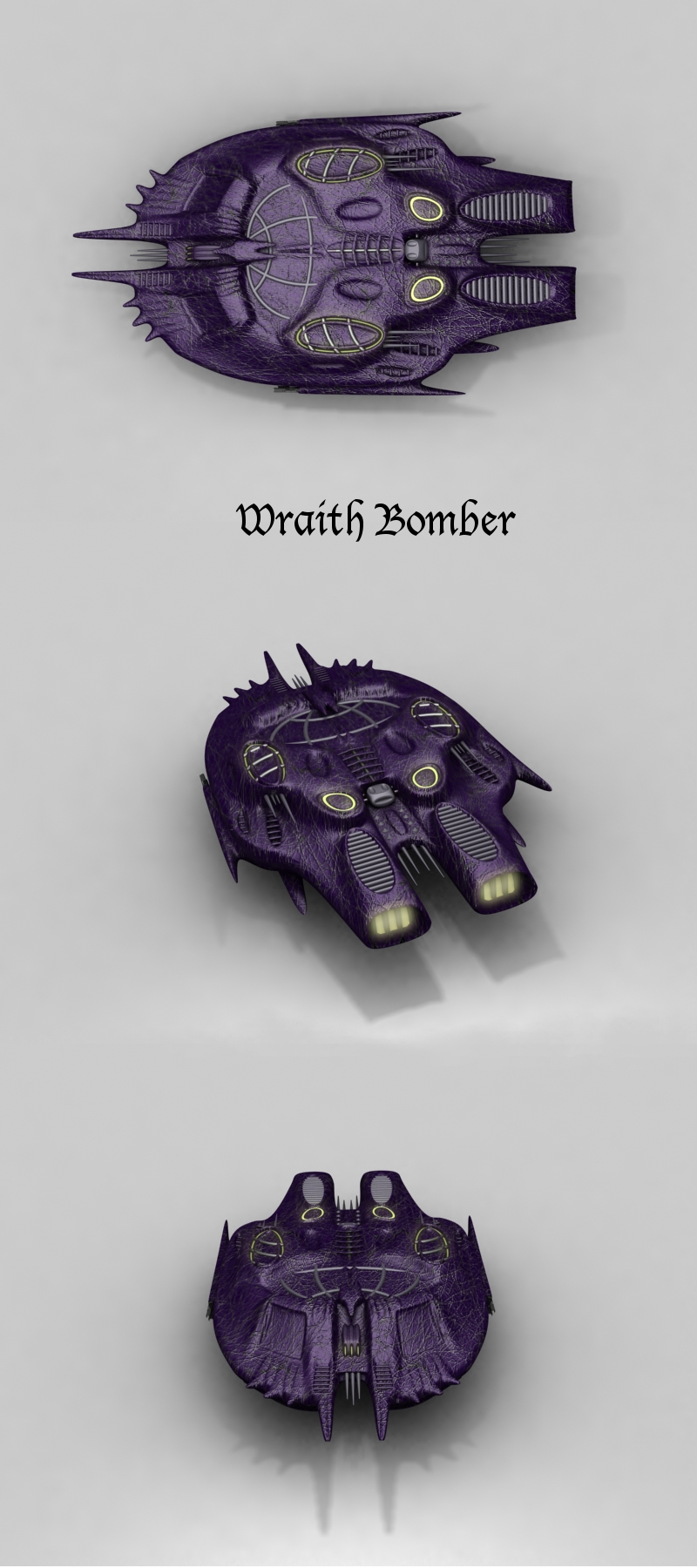 The Wraith bomber is larger than the Wraith fighters, and are not nearly as fast. Armed with plasma bombs and strong lasers, it is used for destroying