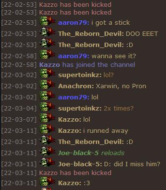 There is two things.

1.Kazzo got kicked two times on the same time.

2.Kazzo got kicked then a message (":3")  appeared from him.