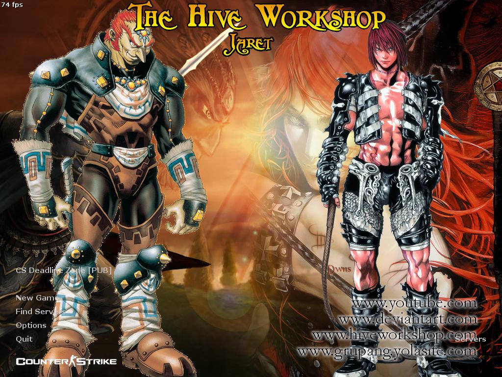 This is how my main menu in CS1.6.v45. looks like. It's Ganondorf and Simon Belmont standing in front of a battlefield... I dunno, just enjoy it.